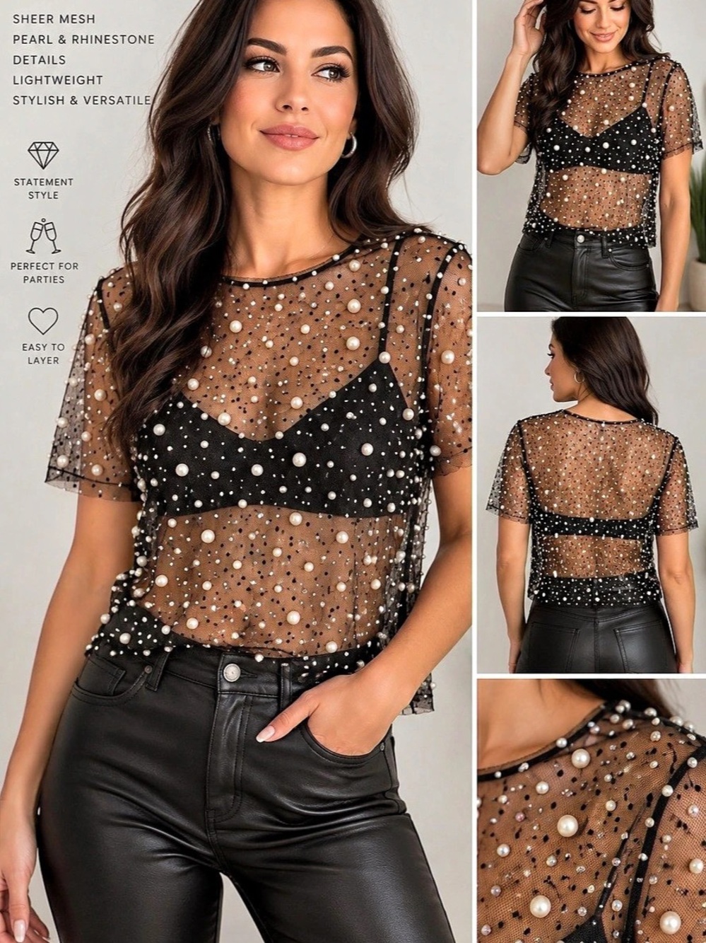 ENDLESS BLU Pearl & Rhinestone Sheer Mesh Crop Top Black & Brown Large